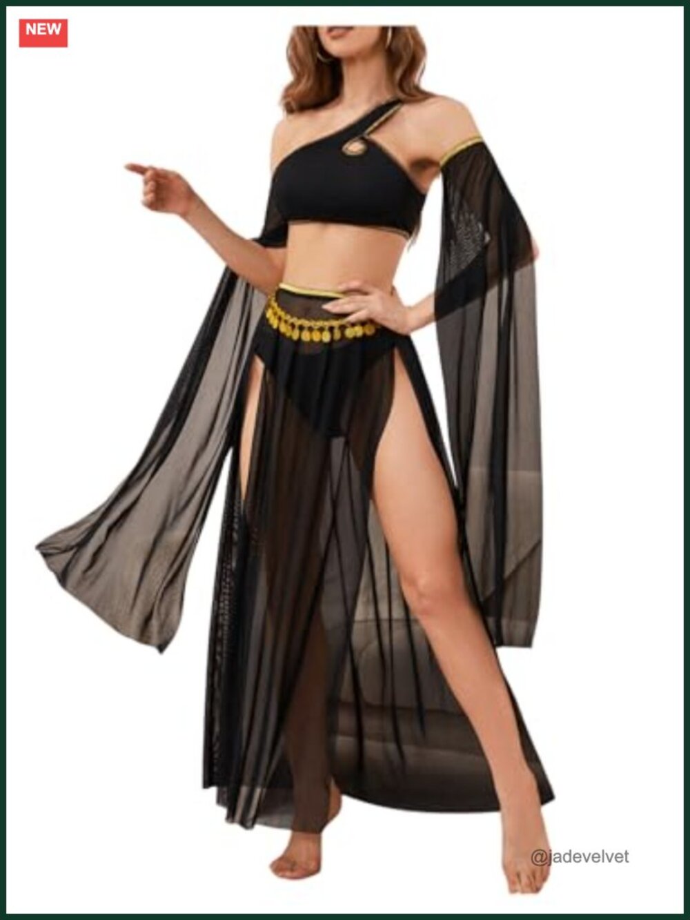 One Shoulder Crop Top High Slit Mesh Maxi Skirt Belly Dancer Costume Set